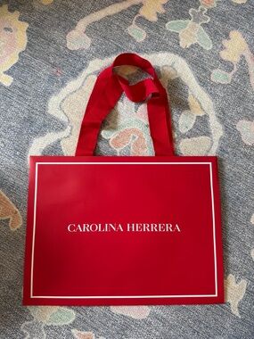 Carolina Herrera Red Tote Shopping Bag with White Logo and Border